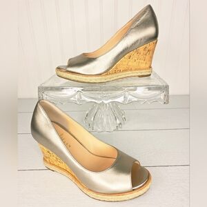 Cole Haan Air Jocelyn OT Wedge Gold Leather & Cork Peep Toe Wedge Heel Size 5.5B